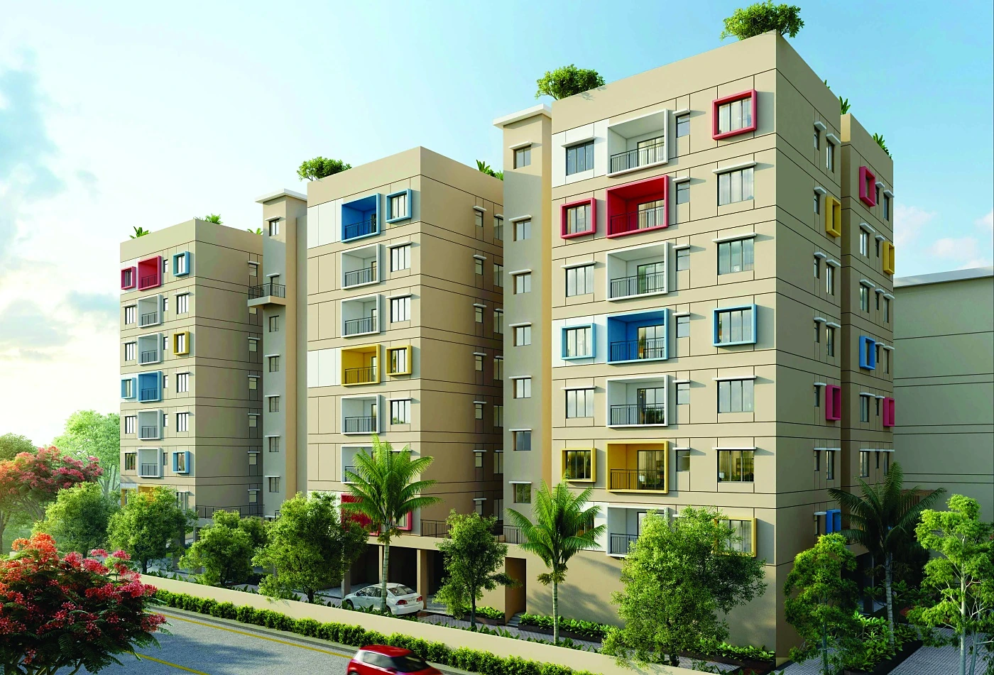 The Crest residential facade on SNT Road, Siliguri, with landscaped gardens